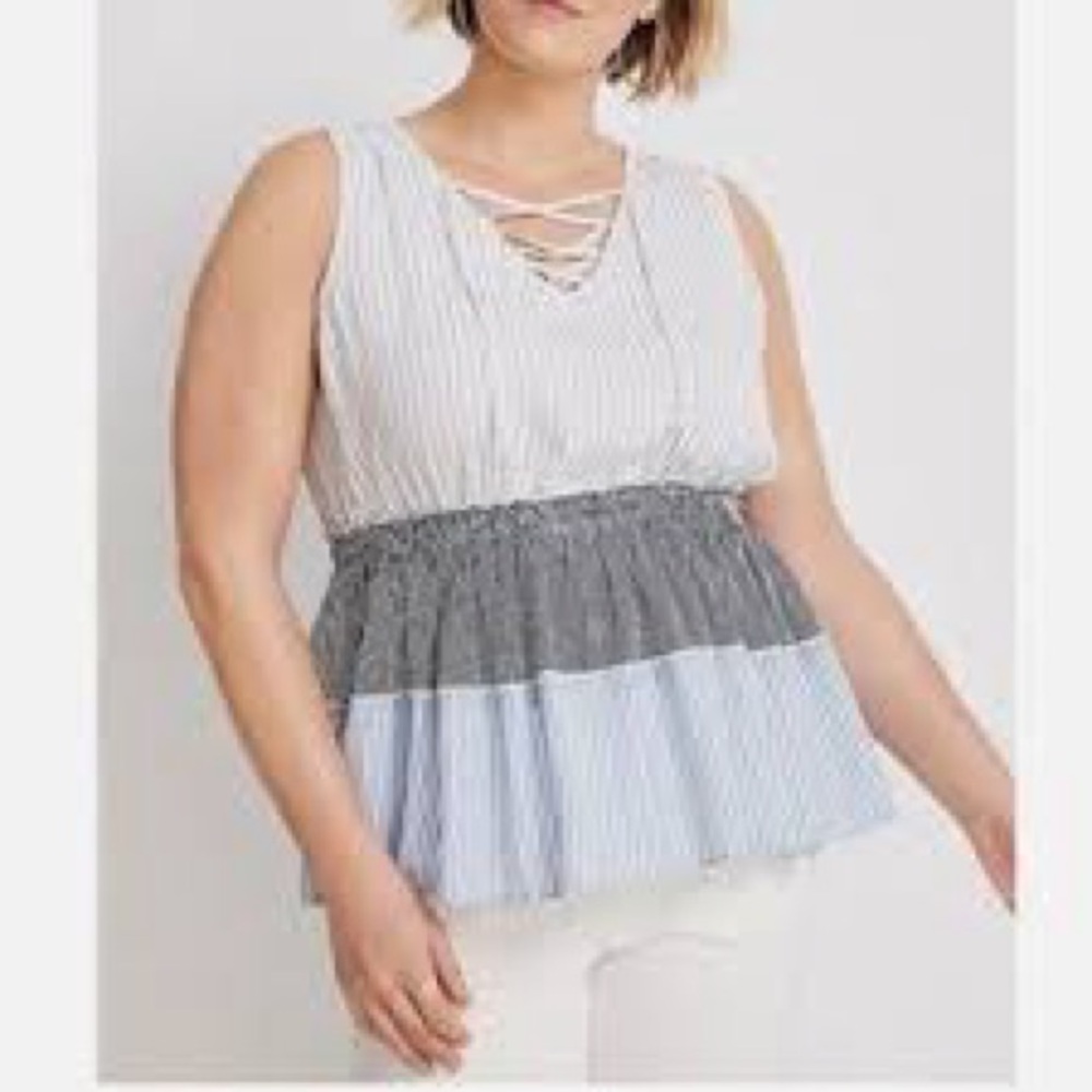 Maurice’s 1x Tiered Striped Sleeveless Top - White and Blue
